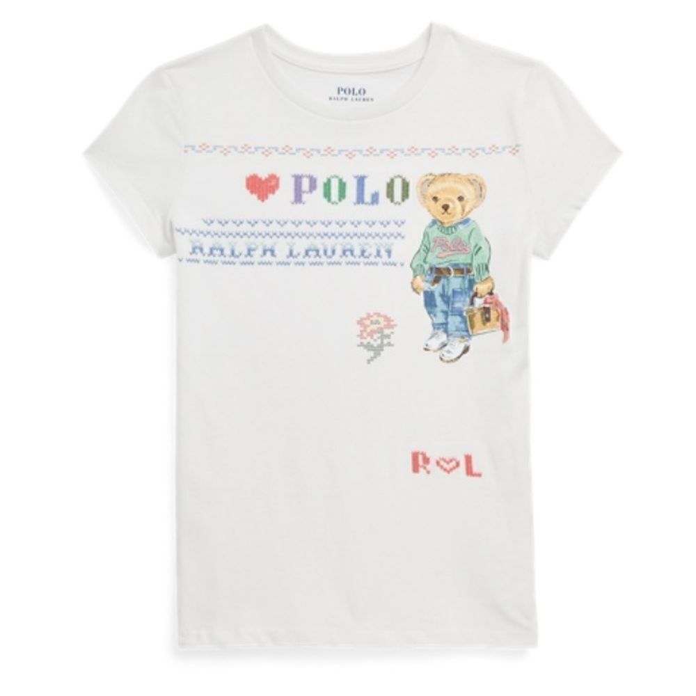 Ralph Lauren Purple Label White Polo Bear Cotton Embroidered Tee in Size 24M